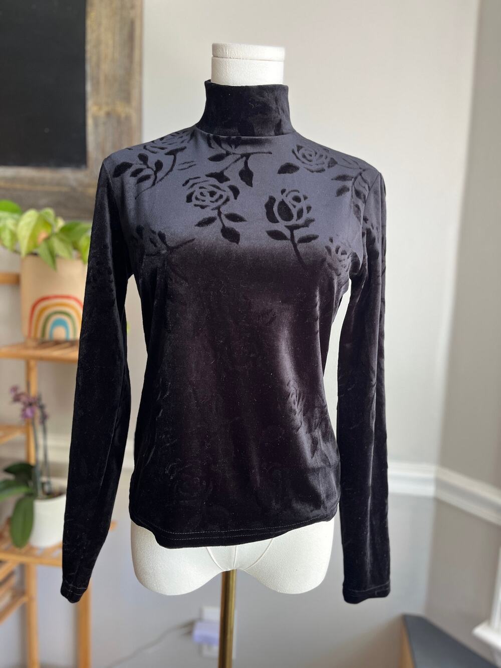 Vintage 90s Black Velvet Mockneck Blouse Roses Size Small